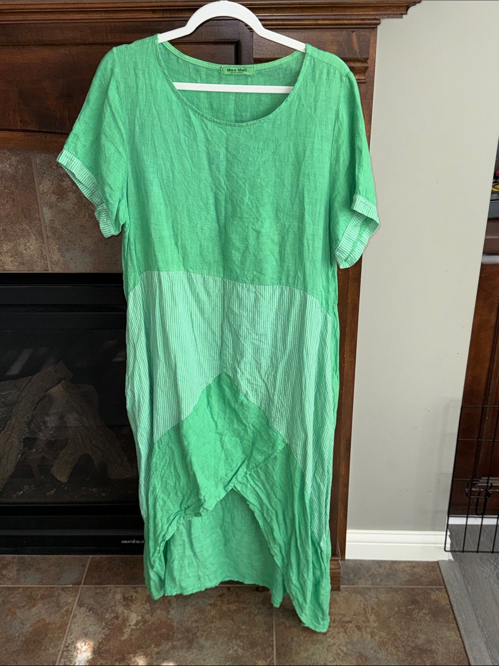 Meo Meli Italy 100% Linen Green Striped Lagenlook Maxi Dress Asymmetrical est L